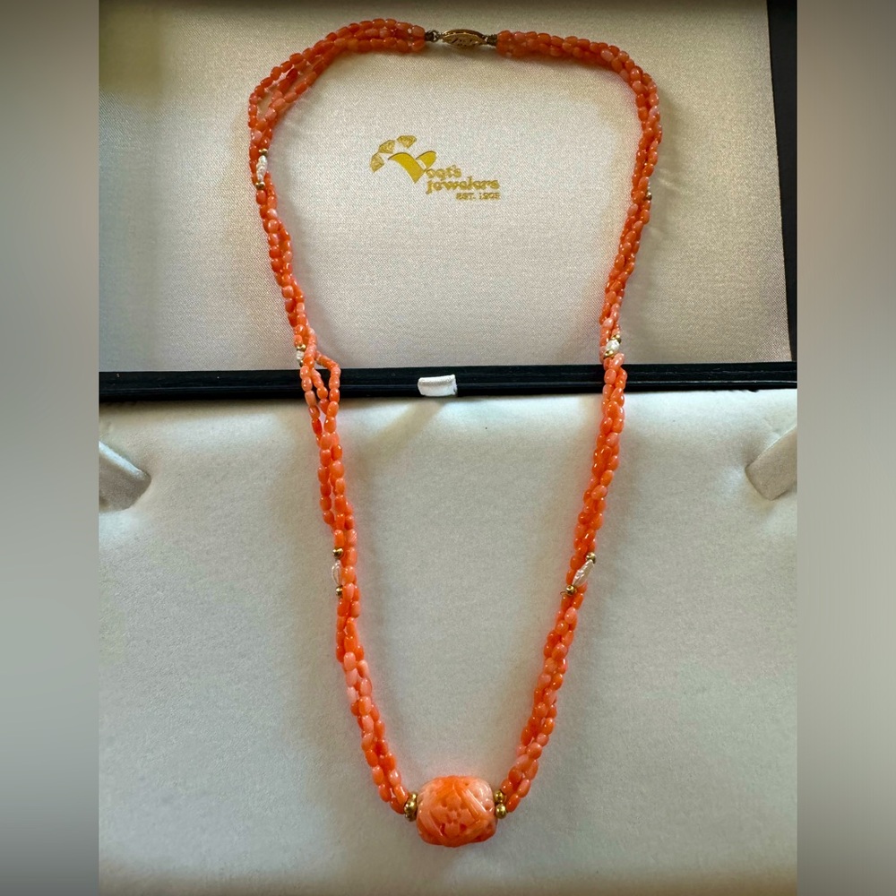 Stunning Vintage Vogt's Coral, Rice Pearl & 14k Necklace